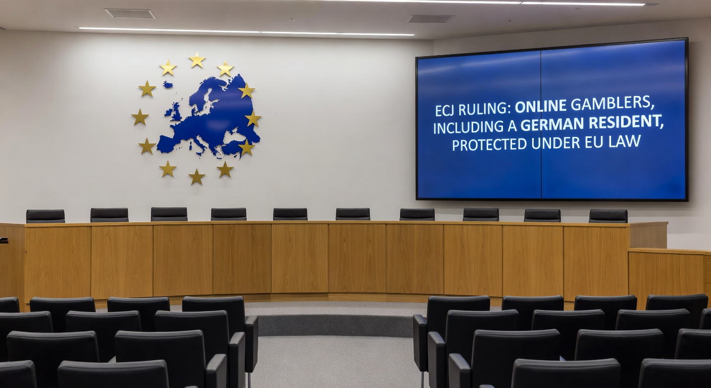 Symbolisches Bild eines Spielers am Computer, der gegen ein Casino-Gebäude mit EU-Flagge antritt, um Verluste einzuklagen