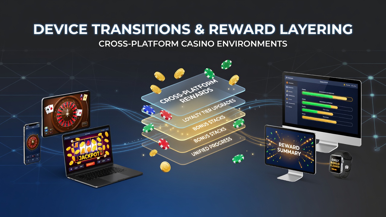 Darstellung von Spielern, die nahtlos zwischen Smartphone, Tablet und Desktop in Casino-Umgebungen wechseln, mit sichtbaren Belohnungsschichten