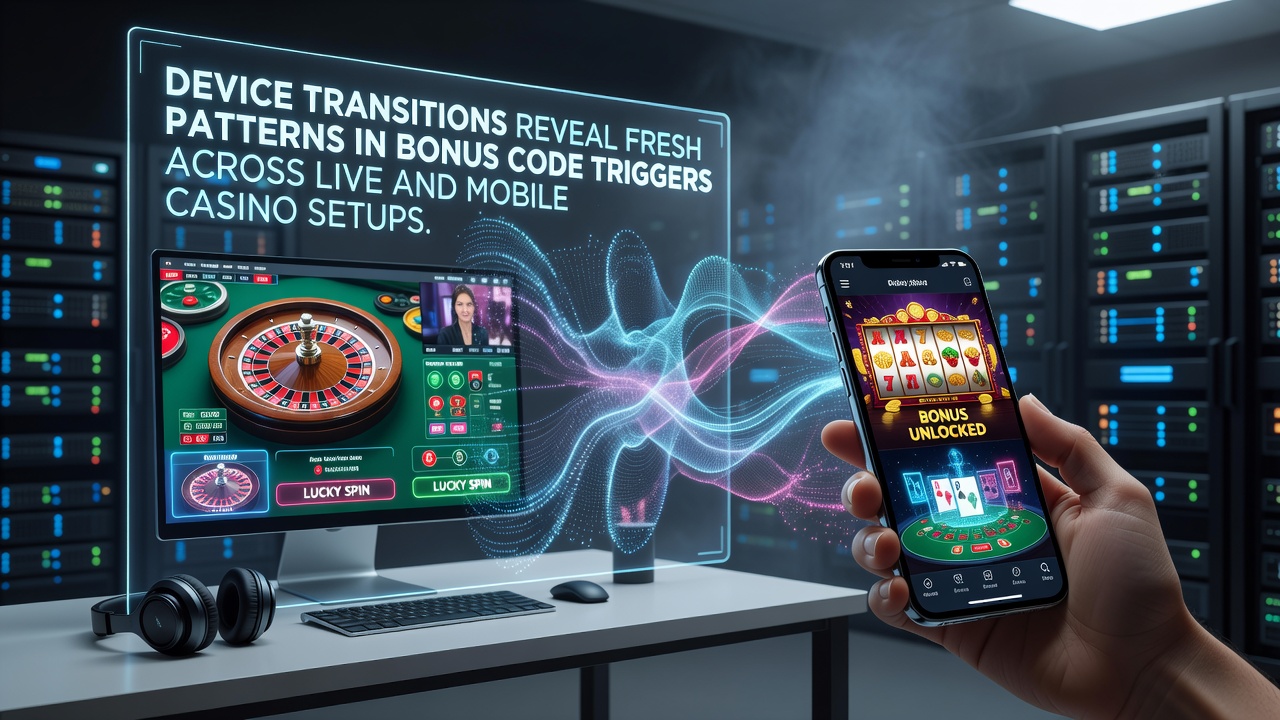 Illustration von Geräteübergängen zwischen Desktop und Mobile in Casino-Umgebungen mit Bonuscode-Triggern