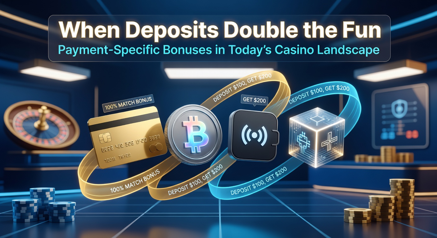 Grafik zeigt eine verdoppelte Einzahlung mit Bonus in einem Online-Casino, umgeben von Zahlungsmethoden-Icons wie Kreditkarten und E-Wallets